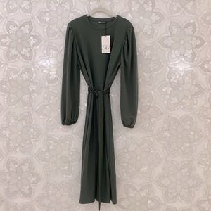 NWT Zara Hunter Green Long Sleeve Dress with Waist Sash